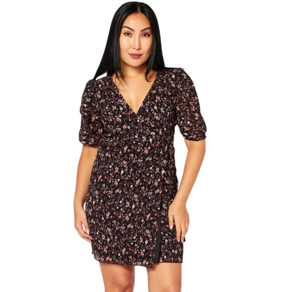 Sadie and Sage Wrap Dress Size S Black Floral Print Puffed Sleeves Sheer Lined